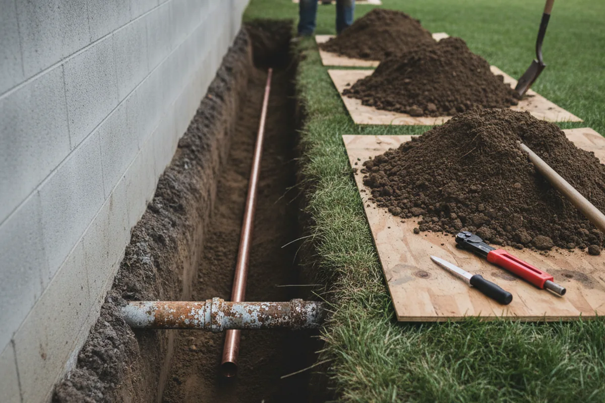 Excavated water line trench during Water Heater Repair in Swansea